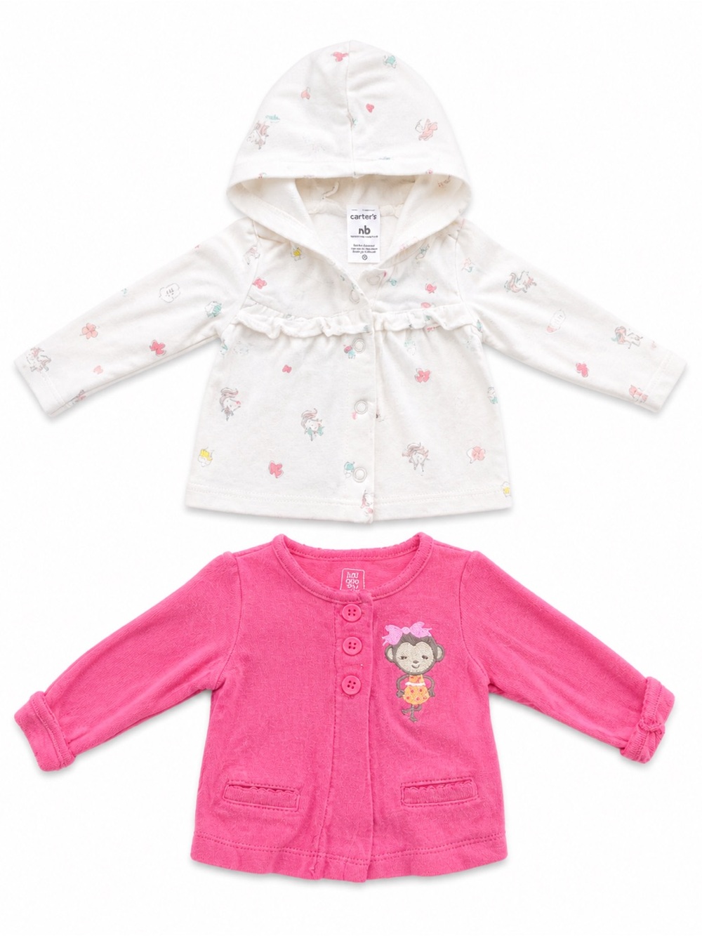 Carter's Cream Hooded Jacket & Bright Pink Monkey Cardigan Set